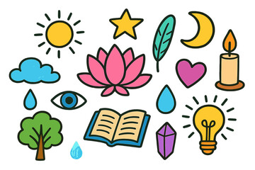 Colorful Spiritual Symbols. Spirituality. Colorful Hand-drawn doodle Children illustration Lotus flower, star, sun, moon, candle, feather, tree, book, heart,