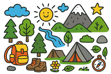Naklejka premium Outdoor Adventure Doodles. Outdoors. Colorful Hand-drawn doodle Children illustration Trees, sun, clouds, river, tent, backpack, boots, hill, mountain, flower,