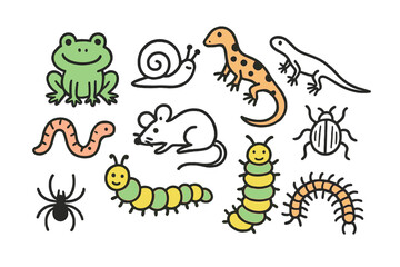 Tiny Creature Doodles. Tiny Creatures. Hand-drawn doodle illustration frog (colored), snail, salamander (colored), lizard, worm (colored), mouse, caterpillar