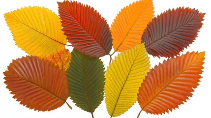 Colorful autumn leaves collage in vibrant hues, isolated on a white background