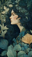 A serene portrait of a woman with flowing, dark hair adorned with intricate floral patterns, gazing thoughtfully into the distance.