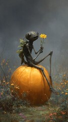 A whimsical and unsettling scene depicts a creature with a humanoid body and pumpkin-shaped head, perched on a large bright orange pumpkin.