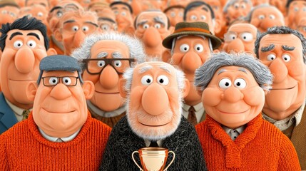 Animated group of cheerful people celebrating with a trophy cup