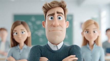 Animated character portrait in classroom setting with colleagues and educational context