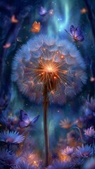 Image is a digital artwork featuring a large, luminous dandelion at the center, surrounded by a mystical landscape.
