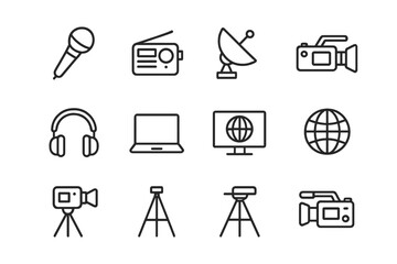 Broadcast Journalism Icons. Broadcast journalism. Line icon set of broadcast journalism: microphone, radio, satellite dish, camera, video camera, headphones,