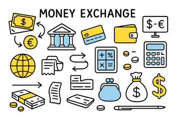 Currency Exchange Icons. Money Exchange. Hand-drawn doodle illustration money exchange currency notes (accented), coins, bank building (accented), credit card,