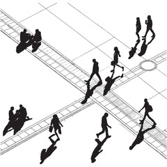 Simple CAD-style human outlines viewed from top view, including people sitting, walking and running in various poses. Clean black line contours on light grey background, no shading, no gradients