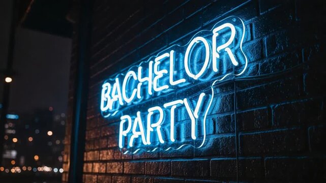 blue neon bachelor party sign on brick wall