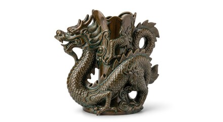 A detailed bronze-colored vessel with a coiled dragon design featuring scales claws and an open-mouthed head against a white background