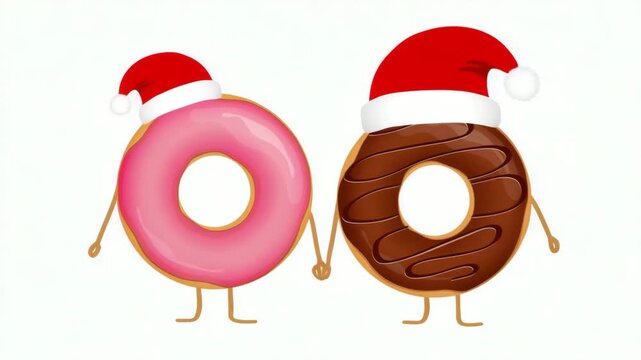 cute pink and choco christmas donut cartoons with santa hats holding hands illustrated animation