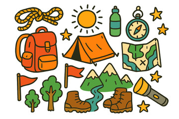 Obraz premium Colorful Adventure Doodles. Adventure. Colorful Hand-drawn doodle Children illustration Backpack, rope, tent, map, compass, mountain, boots, flashlight, flag,