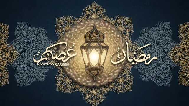 Ramadan kareem lantern with arabic calligraphy and intricate geometric patterns on a dark blue background
