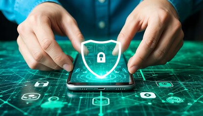 Hands creating a shield icon over a smartphone, symbolizing digital security, data protection, and online privacy on a network background