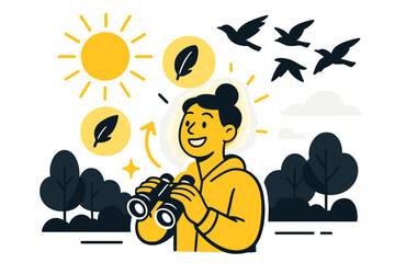 Fototapeta premium Sunrise Birdwatching. Morning birdwatching. Person glowing while holding binoculars under sunrise as birds fly above trees. Floating icons of sun, feather, and