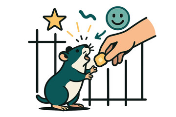 Interactive Hamster Feeding. Interactive feeding. Hamster standing on hind legs reaching for glowing treat offered by hand through cage bars. Floating star and