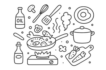 Kitchen Cooking Doodles. Cooking Scene. Hand-drawn doodle illustration Cooking Scene frying pan, stove, spatula, spoon, whisk, oil bottle, bubbles, flame,