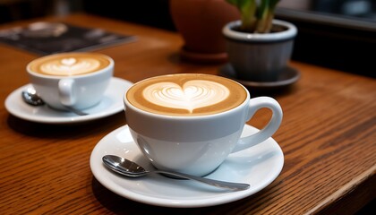 Creamy cappuccino drinks in white cups on a wooden table, featuring intricate heart-shaped latte art foam