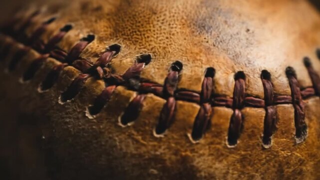 Close up of a vintage baseball with detailed stitching and textured surface