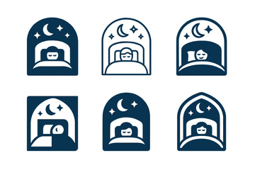 Wellness Sleep Logos. Healthy sleep habits. Set Logo of Wellness: bedroom with peaceful sleep. harmonious logo variations of the same emblematic concept, each