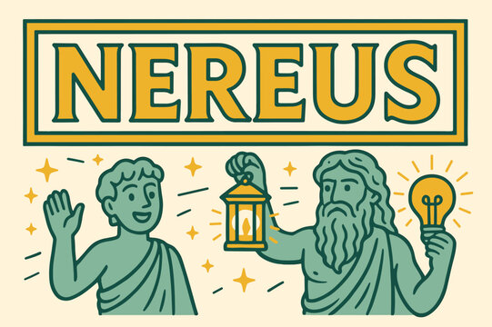 Nereus Characters Waving. Ancient Nereus banner, flat vector illustration, bold oversized text inside rectangular frame, cartoon characters standing and