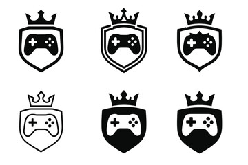 Obraz premium Champion Badge Logos. Digital gaming leagues. Set Logo of champion badge: shield with controller and crown. harmonious logo variations of the same emblematic