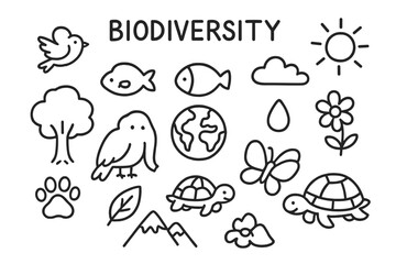 Biodiversity Doodle Icons. Biodiversity. Hand-drawn doodle illustration biodiversity elephant, fish, bird, turtle, butterfly, paw print, tree, leaf, flower,