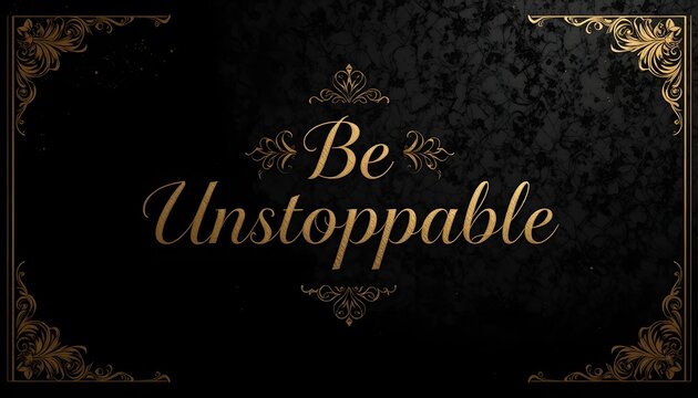 Dark, elegant design with "Be Unstoppable" in gold script, framed with ornate borders