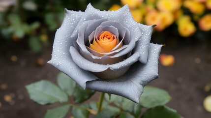 Elegant blue rose with orange center and water droplets close up