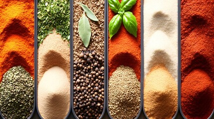 Arrangement of various herbs and spices in containers for culinary use