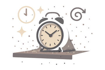 Time's Dusty Dance. Dust and time. Shelf glowing faintly with clock resting untouched, surrounded by dust motes. Floating icons of clock, sparkle, and swirl