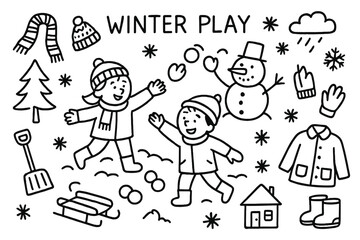 Fototapeta premium Winter Fun Doodle. Winter Play. Hand-drawn doodle illustration Winter Play snowball, snowman, sled, scarf, hat, mittens, gloves, coat, boots, friends, tree,