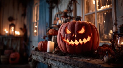 Fototapeta premium Spooky halloween pumpkin display home decor festive scene cozy ambiance close-up view seasonal celebration