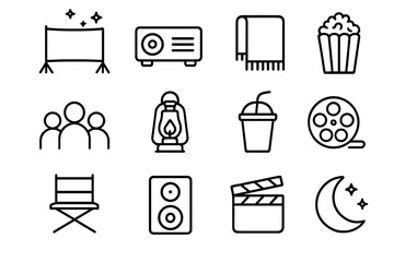 Outdoor Cinema Icons. Cinema under the stars. Line icon set of Cinema under the stars: outdoor movie screen, projector, blanket, popcorn, audience, lantern,