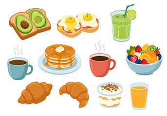Assorted Breakfast Food Illustration Featuring Pancakes, Eggs, Smoothies, and Pastries
