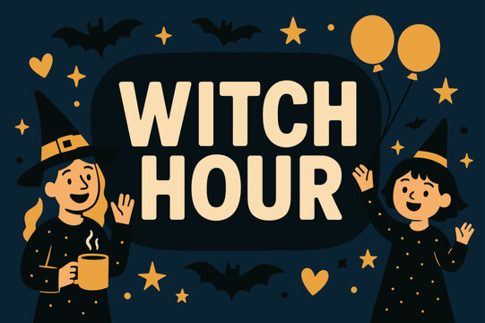 Witch Hour Fun. Witch Hour banner, flat vector illustration, bold oversized text inside rounded blob, cartoon characters standing and waving near banner,
