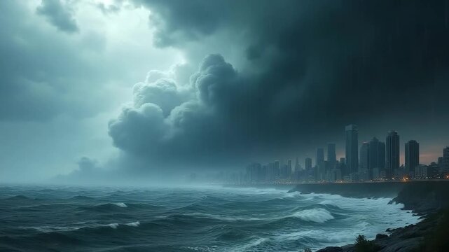Dark storm clouds over city skyline and turbulent ocean waves  