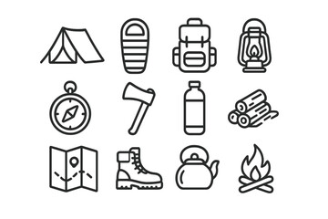 Fototapeta premium Camping Essentials Icons. Camping Essentials. Line icon set of Camping Essentials: tent, sleeping bag, backpack, lantern, compass, hatchet, water bottle,
