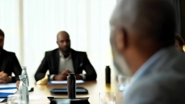 Portrait of a man with a beard and glasses against a blurred background of a group of people at a table. Suitable for topics related to teamwork, training, seminars, and discussions about age diversit