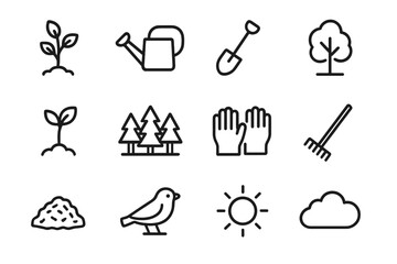 Reforestation Icon Set. Reforestation. Line icon set of Reforestation: sapling, watering can, shovel, tree, seedling, forest, gloves, rake, mulch, bird, sun,