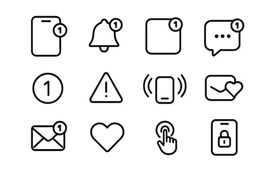 App Notification Icons. App notifications. Line icon set of App notifications: smartphone, notification bell, app icon, message bubble, badge, alert,