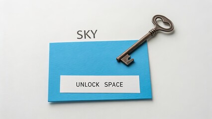 Key leaning on a blue cutout and the word SKY
