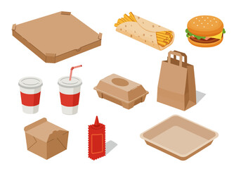 Isometric Fast Food Packaging Collection Pizza, Burger, Fries, and More
