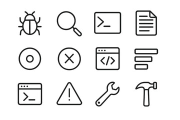 Debugging Tools Icons. Debugging Tools. Line icon set of Debugging Tools: bug, magnifying glass, terminal, log file, breakpoint, error icon, code editor, stack