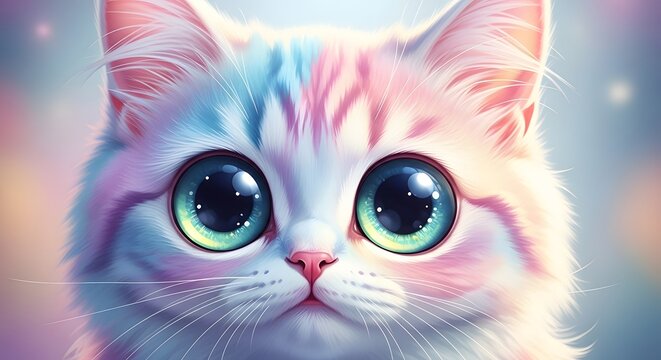 Adorable fluffy kitten with large eyes in pastel colors