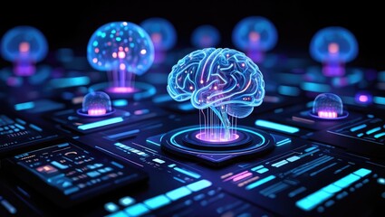 Futuristic holographic brain and neural interface displayed on advanced digital control panel. Generative AI.