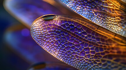 Close up of dragonfly wing texture with vibrant blue purple color.