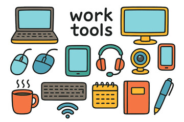 Colorful Office Supplies. Work Tools. Colorful Hand-drawn doodle Children illustration laptop, mouse, keyboard, monitor, smartphone, tablet, headset, webcam,