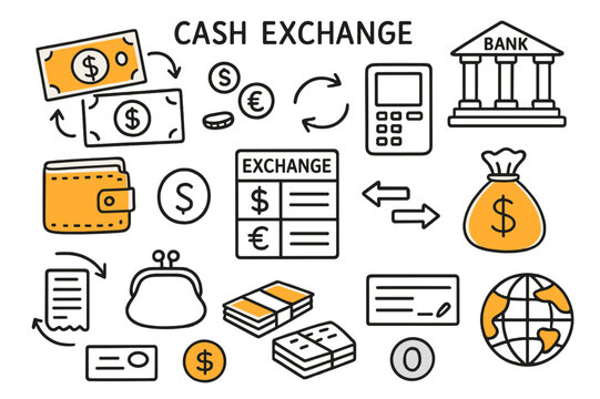 Cash Exchange Doodles. Cash Exchange. Hand-drawn doodle illustration cash exchange currency notes (accented), coins, wallet (accented), ATM, bank building,
