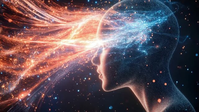 Digital human head with energy beam emanating from the forehead, representing enlightenment and spiritual awakening